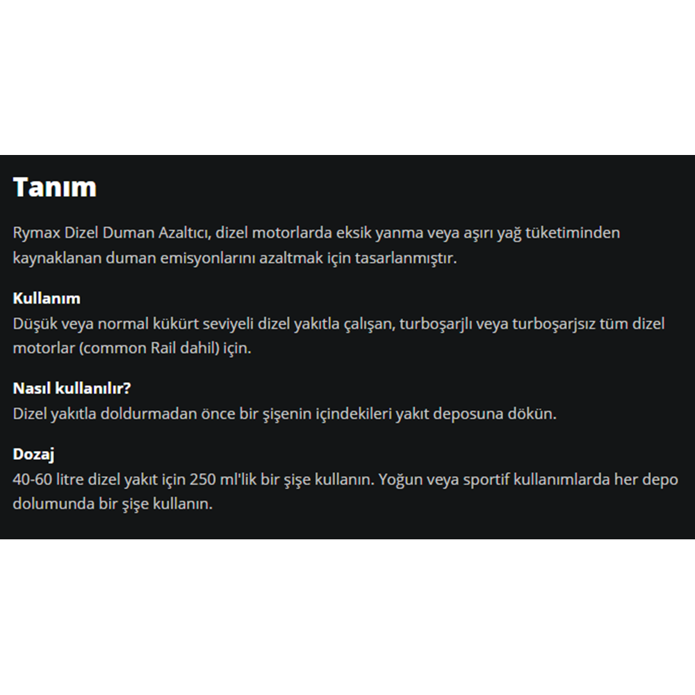 DİZEL DUMAN KESİCİ (DIESEL SMOKE REDUCER) 250ML RYMAX